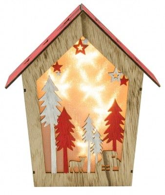 Chaks 10006, Maison lumineuse Noël bois naturel/rouge avec leds 24cm