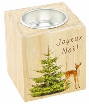 Chaks 10023, Bougeoir Cube bois photoprint Faon/Sapin Joyeux Noël 7cm