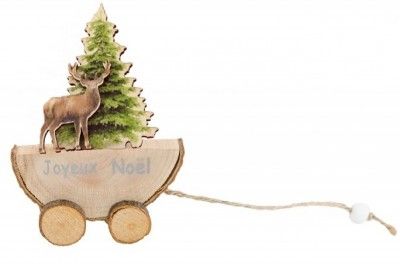 Déco Noël Sapin et Faon sur demi-tronc bois avec roues rondins 12cm