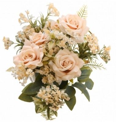 Grand Bouquet de 5 Roses avec feuillage 40,5cm IVOIRE saumoné