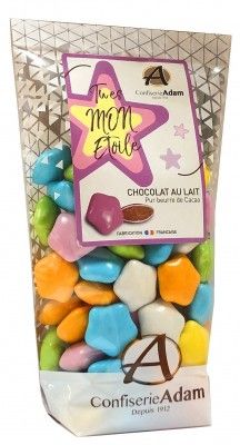 Sachet 250g de dragées ETOILES au chocolat au lait 2cm, Multicolore brillant