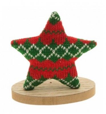 Déco Etoile tricot Noël rouge/vert 12,5 cm sur socle bois