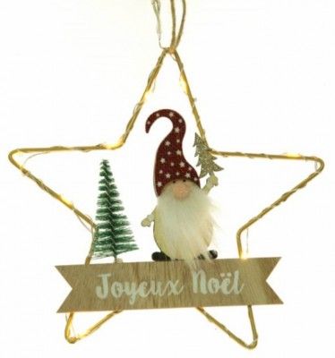 Déco Etoile métal leds Joyeux Noël gnome 17cm à suspendre