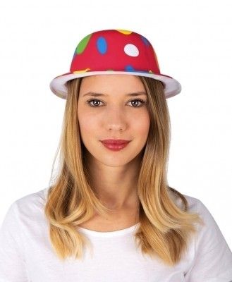 P'TIT Clown re13003 - Chapeau plastique melon adulte, rouge à pois multicolores