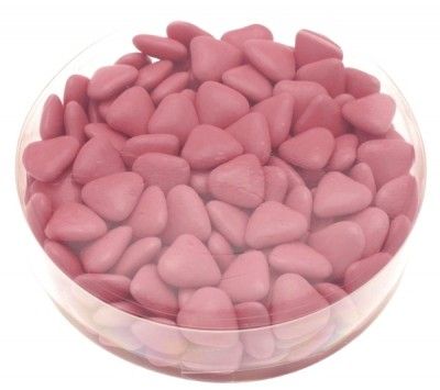 Boite ronde 150g dragées mini-coeur au choco - ROSE nacré brillant