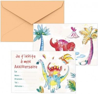 P'TIT Clown re22482 - Lot de 8 cartons d'invitation anniversaire Dinosaures