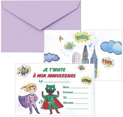 P'TIT Clown re22486 - Lot de 8 cartons d'invitation anniversaire Super-Héros