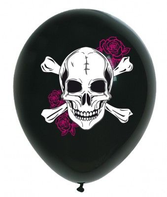Sachet de 8 ballons noirs Tête de Mort & Roses fuchsia
