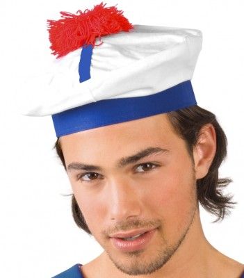 Grand Bonnet de marin blanc 25cm avec pompon rouge luxe