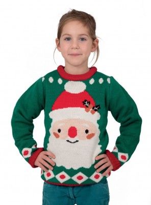 P'TIT Clown re48136, Pull de Noël enfant vert tête de Père Noël, taille 4/6 ans