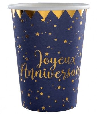 SANTEX 5669-8, Sachet de 10 gobelets Joyeux Anniversaire métallisés bleu foncé