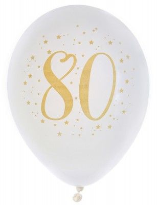 Sachet de 8 ballons Joyeux Anniversaire 80 ans, blanc impression Or