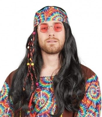 P'TIT Clown re68604 - Perruque hippie homme, raide noire avec tresse en tissu