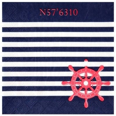 Sachet de 20 Serviettes Bord de Mer, rayées avec gouvernail