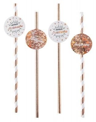 Boite de 8 Pailles Joyeux Anniversaire étincelant Rose Gold