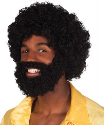Perruque Rufus afro noire avec barbe et moustache