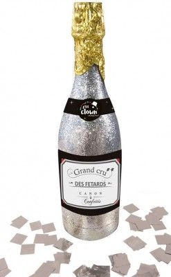 P'TIT Clown re93010 - Bouteille de champagne lance confettis pailletée, Argent