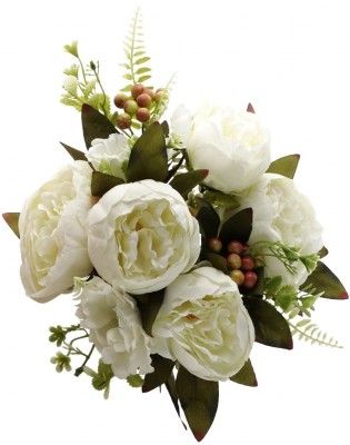 Grand Bouquet de 7 Fleurs avec feuillages 43cm, Blanches