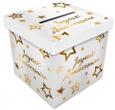 Urne Anniversaire PARTY chic, cube BLANC/Or