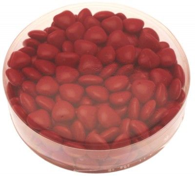 Boite ronde 150g dragées mini-coeur au choco - ROUGE brillant