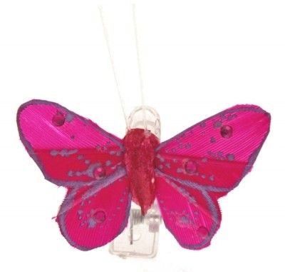 Sachet 4 Mini-Papillons STRASS sur pincette, Fuchsia 