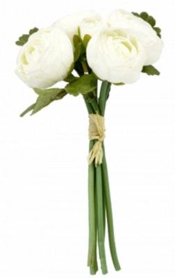 Bouquet de 4 Renoncules et bouton avec raphia 23cm, Blanc naturel