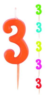 Bougie colorée de 7,5 cm sur pic 3 ans ou chiffre 3