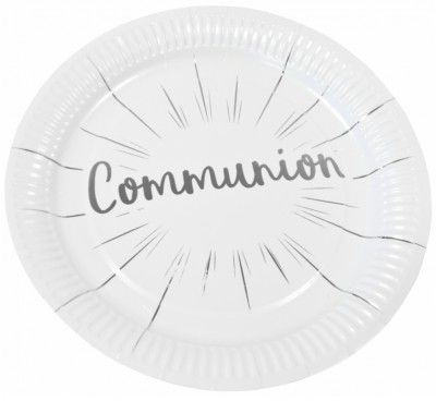 Paquet de 6 Assiettes Communion en carton 23cm, Blanc/Argent
