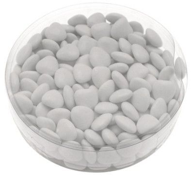 Boite ronde 150g dragées mini-coeur au choco - BLANC brillant