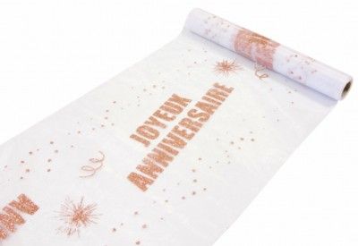 Chemin de table organza Joyeux Anniversaire, pailleté Rose Gold