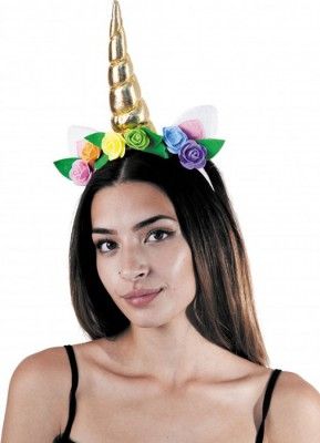 Party Pro 865109, Serre-tête licorne doré avec fleurs