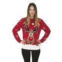 P'TIT Clown re48191, Pull de Noël femme rouge avec tête de renne, taille M