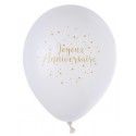 Sachet de 8 Ballons latex Joyeux Anniversaire métallisés, Blanc/or