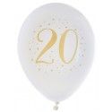 Sachet de 8 ballons Joyeux Anniversaire 20 ans, Blanc/or