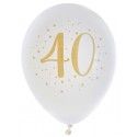 Sachet de 8 ballons Joyeux Anniversaire 40 ans, Blanc/or