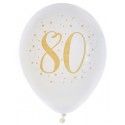 Sachet de 8 ballons Joyeux Anniversaire 80 ans, Blanc/or