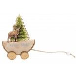 Déco Noël Sapin et Faon sur demi-tronc bois avec roues rondins 12cm