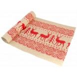 Chaks 1032, Chemin de table Burlap motifs Rennes/Sapins, ivoire et rouge