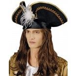 Chaks 10 157746, Grand Chapeau Tricorne Capitaine pirate noir avec plume, adulte