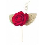 Fleur Rose rouge 11cm sur tige avec feuilles dorées