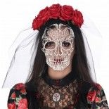 Coiffe Day of the dead avec roses rouges et voile imprimé