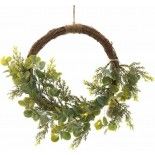 Grande Couronne rotin eucalyptus et fougères lumineuse 10 leds Ø 30cm, à suspendre