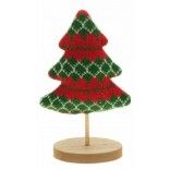 Déco Sapin tricot Noël rouge/vert 17 cm sur socle bois