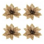 Lot de 4 Fleurs Poinsettia 6cm avec paillettes or, Jute