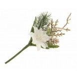 Tige Poinsettia blanc et sapin, pailleté blanc 12cm