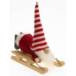 Déco Gnome Noël tissu sur luge en bois 13x16cm