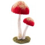 Deux Champignons fins fairy velours pailletés or sur socle, Rouge 25cm