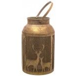 Lanterne ronde ajourée Cerf/biche Majestic métal Or brossé 26,5cm avec anse