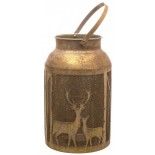 Lanterne ronde ajourée Cerf/biche Majestic métal Or brossé 26,5cm avec anse