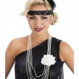 Grand Collier de perles factices charleston avec fleur artificielle, Blanc